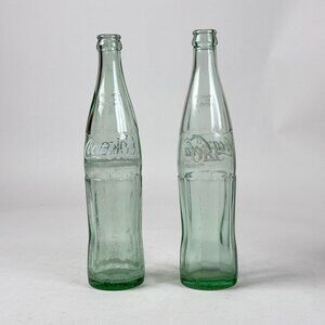 Vintage 2 Coca-Cola 16 oz Bottles Lynn & Boston Mass Return Deposit Green Glass